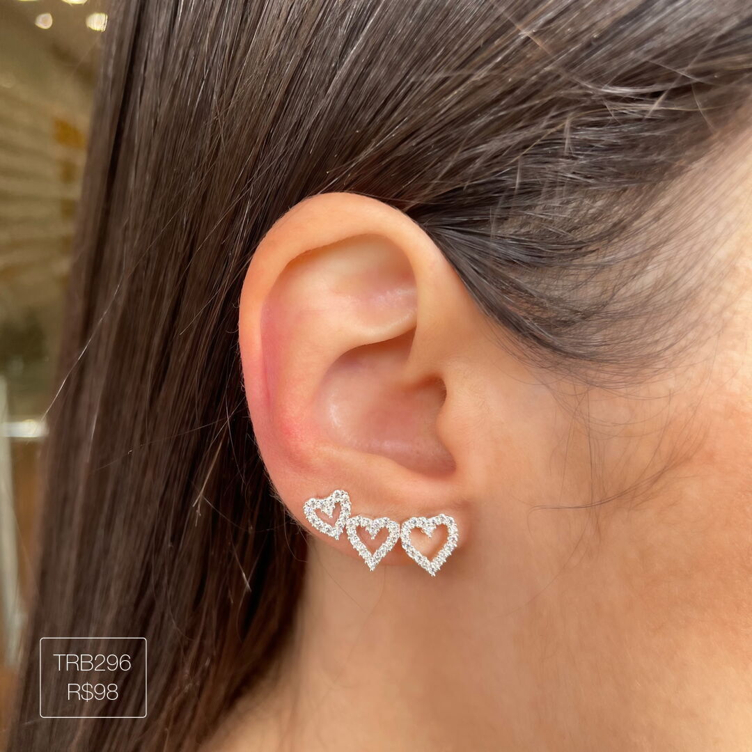 Trio Coração Cravejado Cristal Prateado